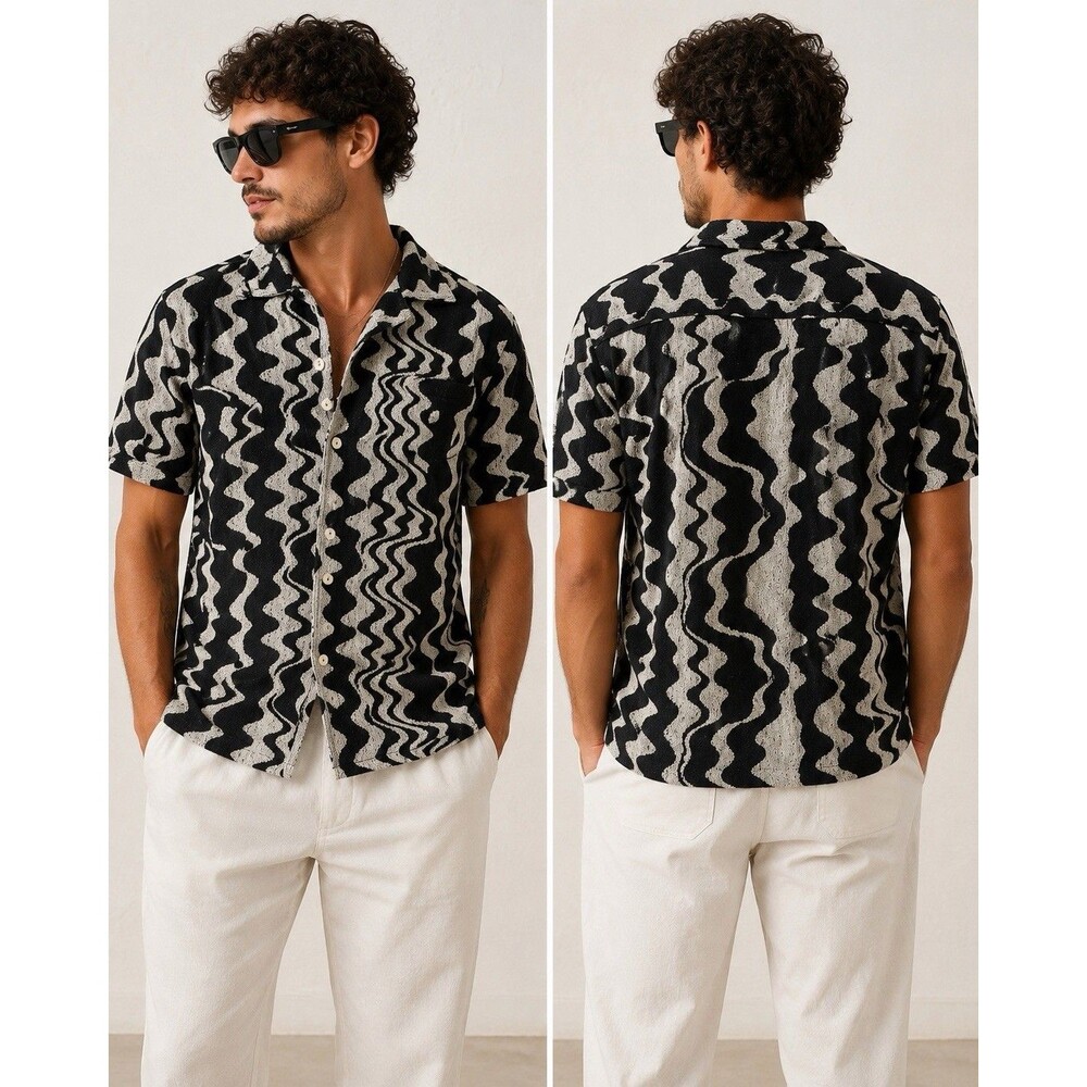 OAS Terry Cloth Resort Shirt Men’s Medium Black Cream Wavy Button Front NWT